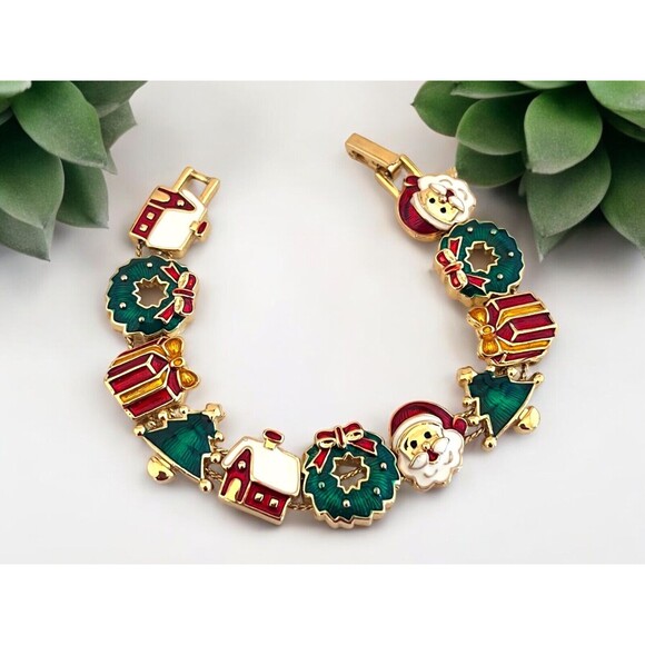 Vintage Slide Bracelet Gold Tone Christmas Theme Enamel Classic Chic 8M - Picture 1 of 4